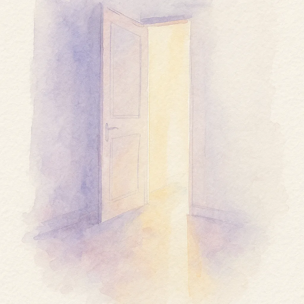 Aquarelle : une porte entrouverte laisse entrer la lumière