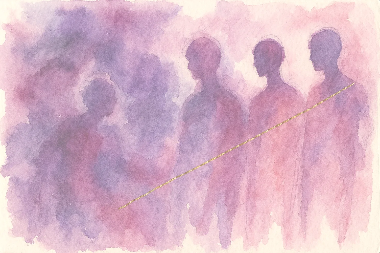 Aquarelle claire : un fil d'or traverse cinq silhouettes en lavis, du violet pâle à l'ocre lumineux