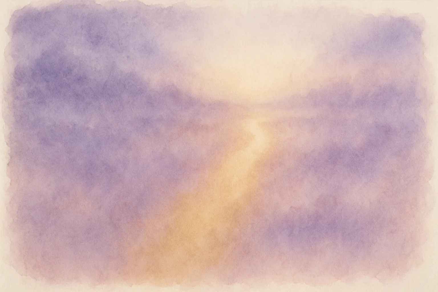 Un chemin de lumière dorée traverse une brume lavande vers l'aube — aquarelle