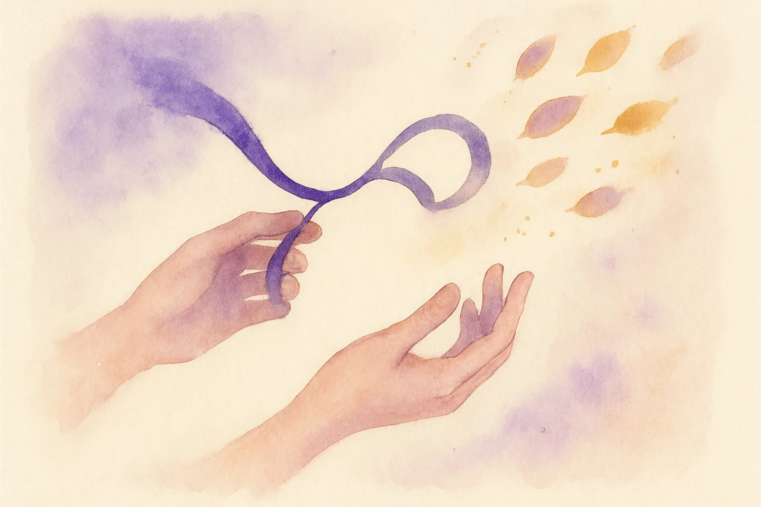 Deux mains libèrent un ruban qui se dissout en pétales de lumière — aquarelle