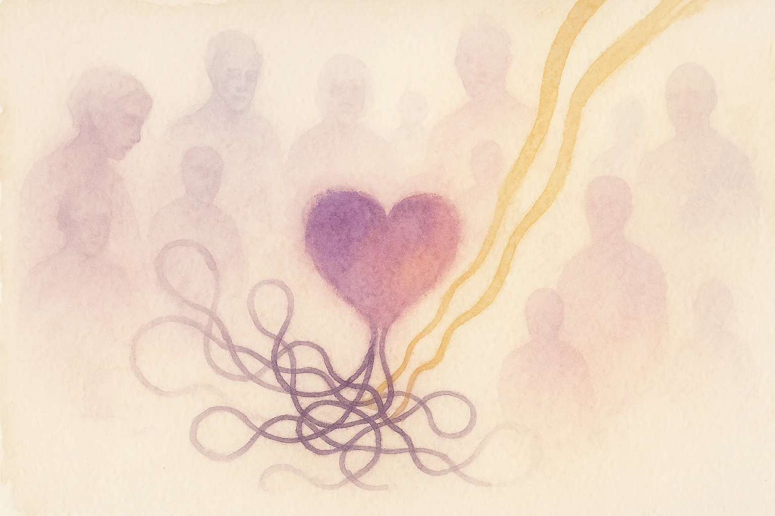 Un cœur d'aquarelle dont les fils sombres se dénouent en rubans de lumière — aquarelle