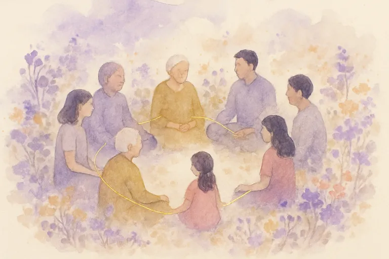 Cercle de personnes reliées par des fils d'or dans un jardin — aquarelle