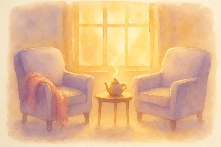 Deux fauteuils face à face dans la lumière dorée — aquarelle