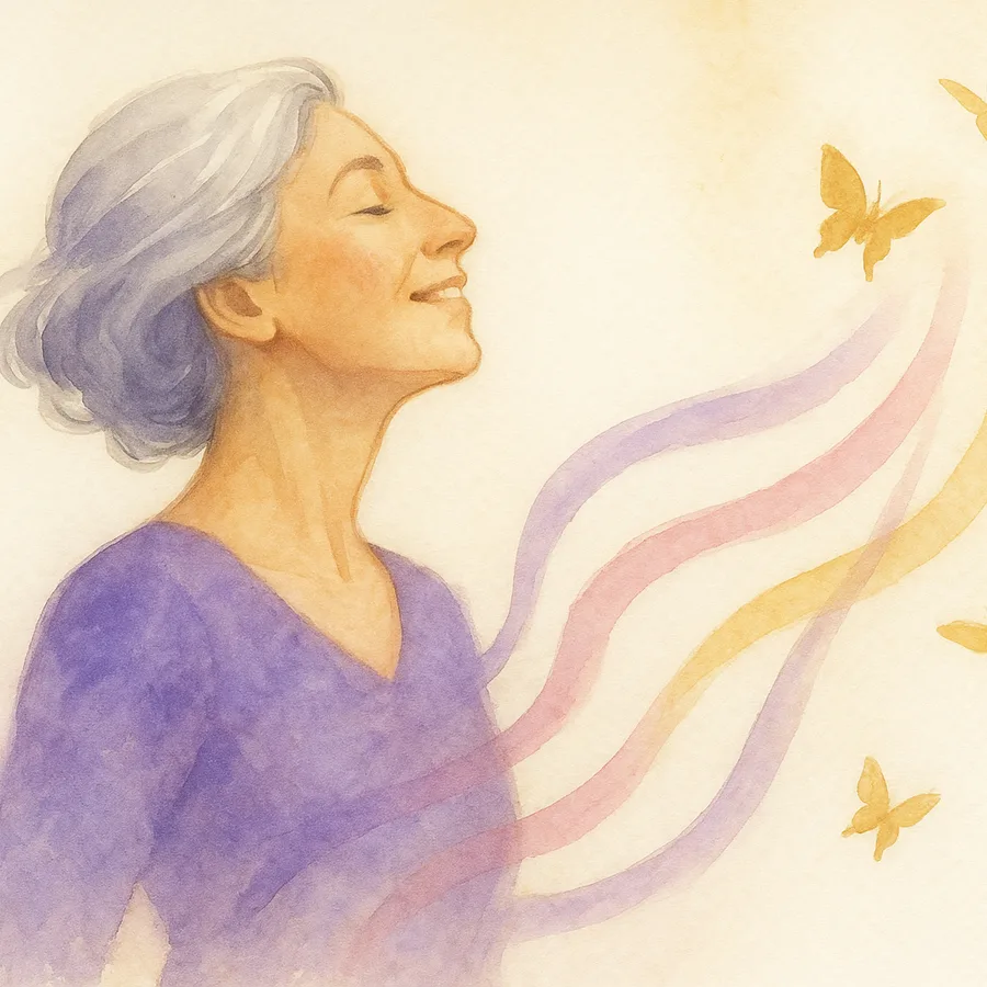 La Magie de l'Âge — aquarelle de la femme aux rubans de couleurs