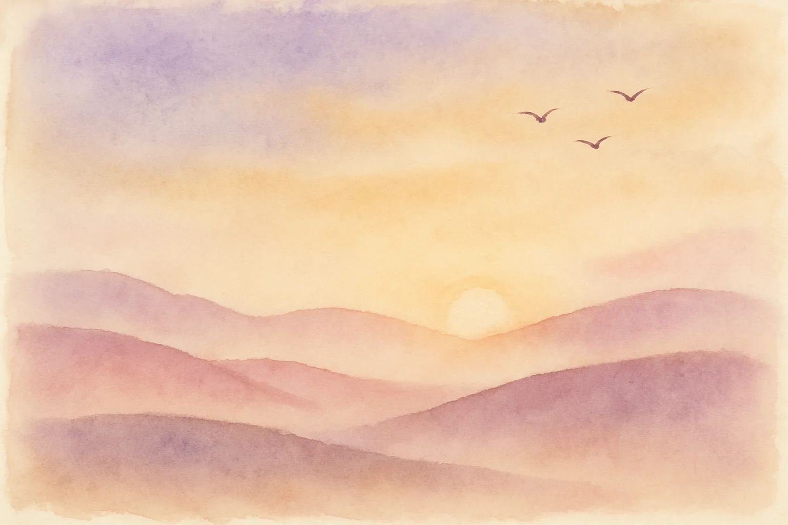 Collines douces au lever du soleil, ciel lavande et or — aquarelle
