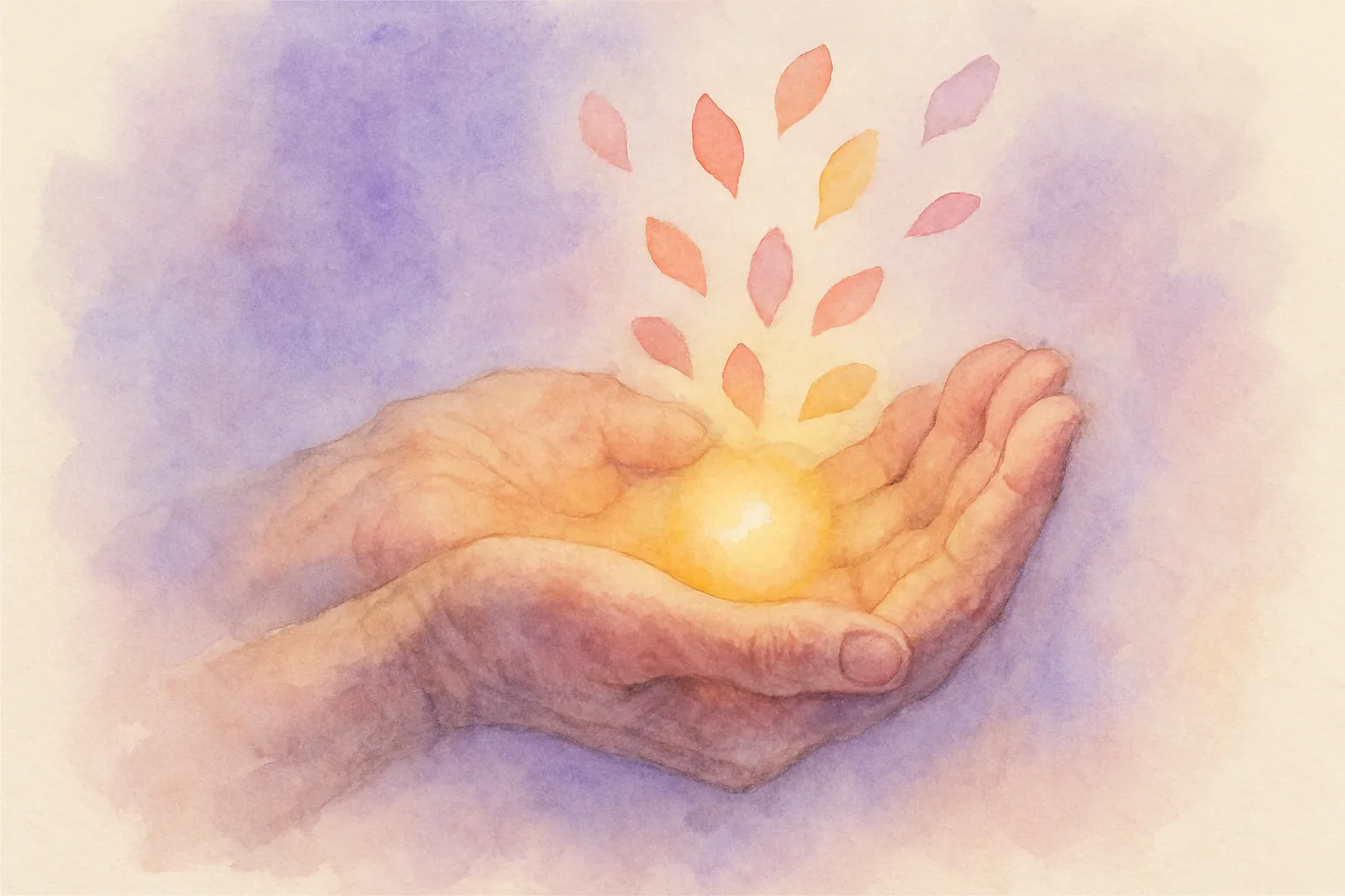 Mains ouvertes tenant une lumière dorée d'où s'échappent des pétales colorés — aquarelle
