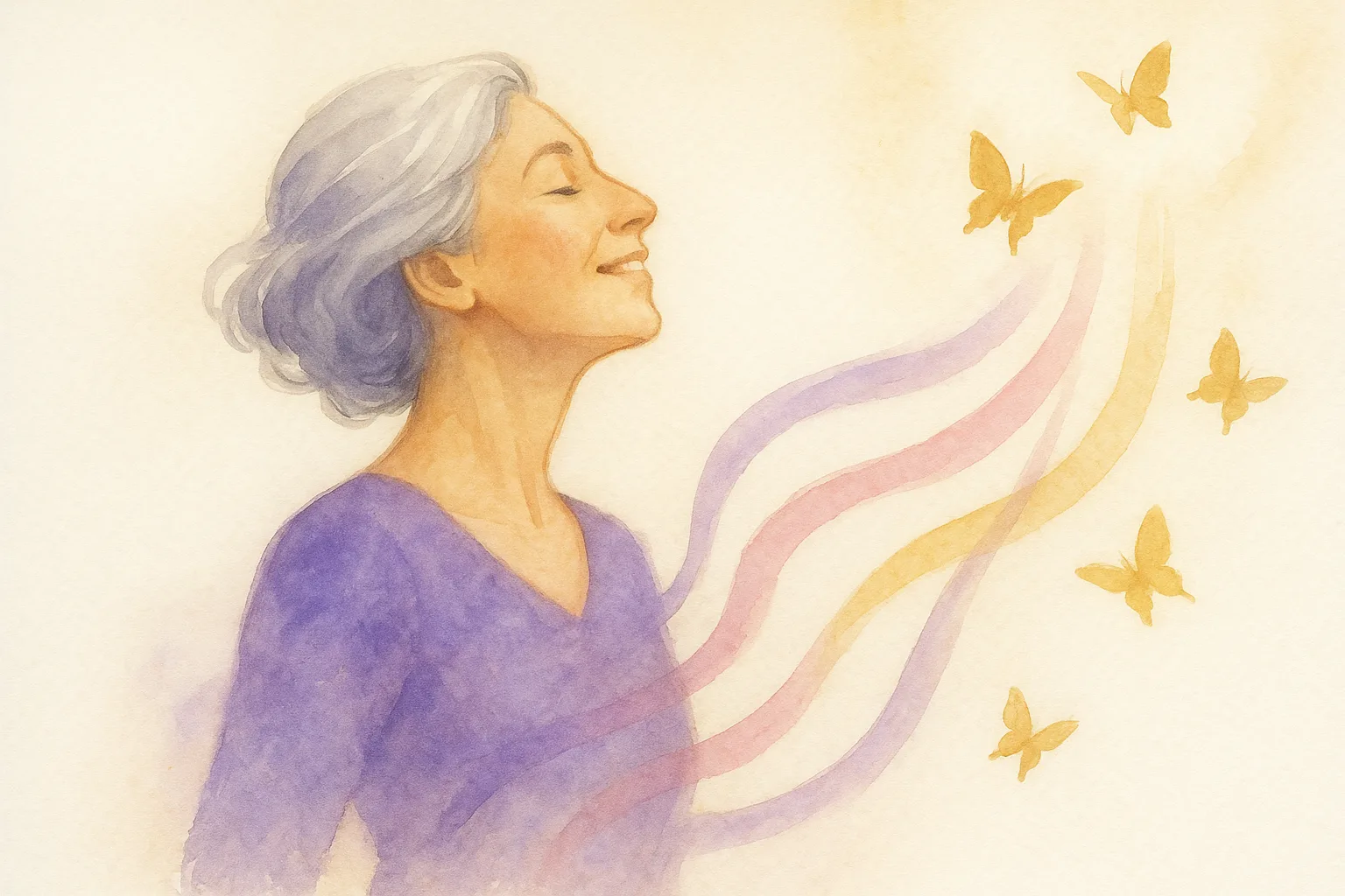 Femme aux cheveux d'argent rayonnante, entourée de rubans de couleurs et de papillons dorés — aquarelle