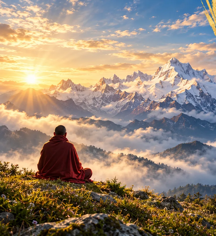 Un moine assis face aux sommets de l’Himalaya au lever du soleil