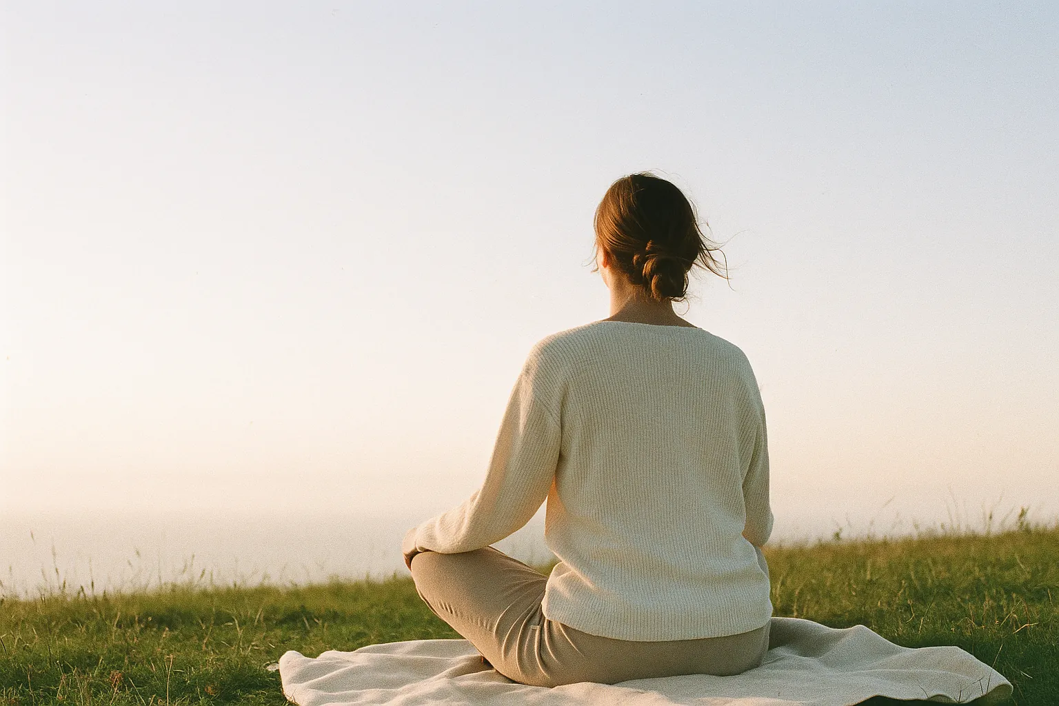 Pranayama, Voie de l'Unité : une femme assise en tailleur respire face au ciel du matin