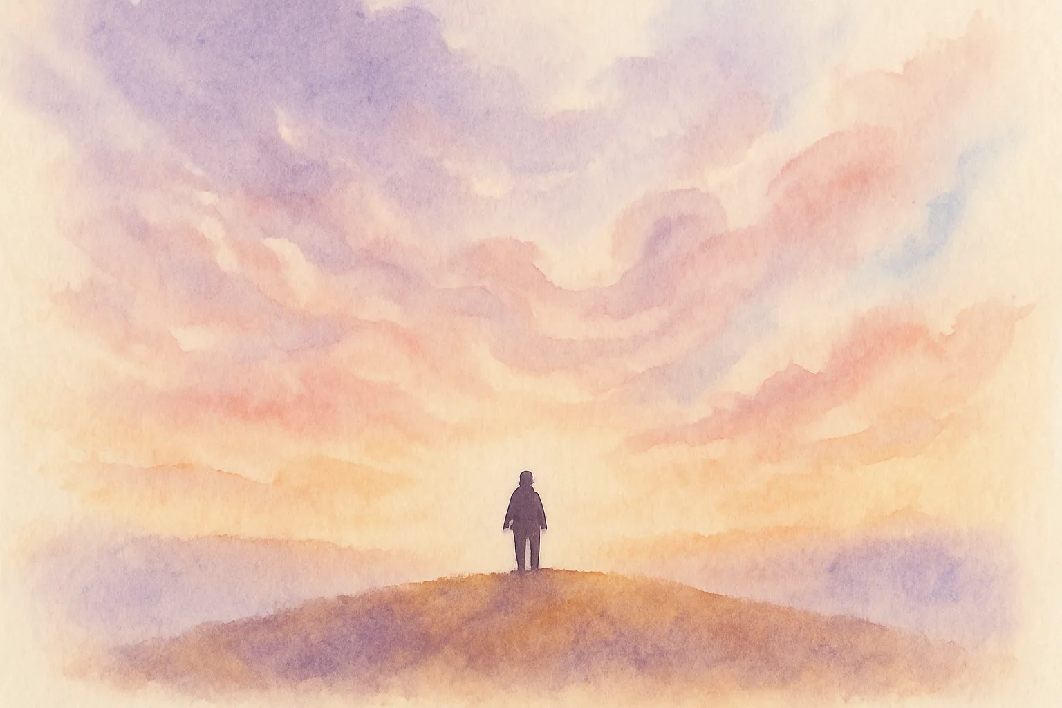 Une personne face au vent au sommet d'une colline à l'aube — aquarelle