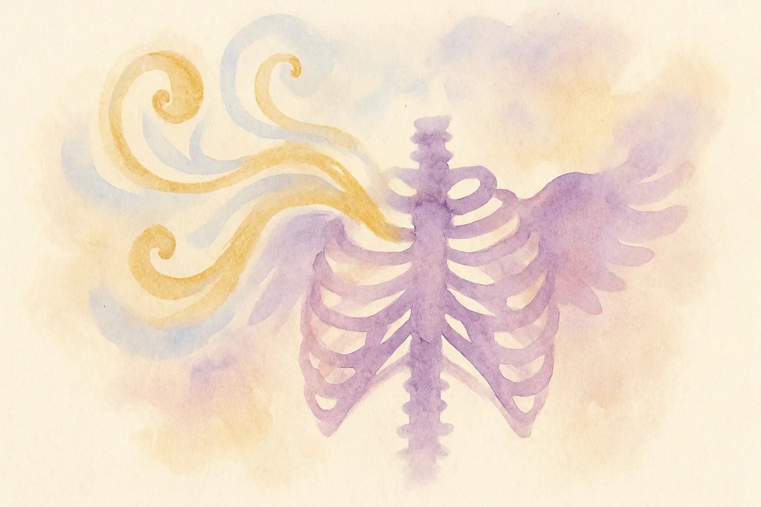 Une cage thoracique qui s'ouvre comme des ailes, laissant entrer l'air doré — aquarelle