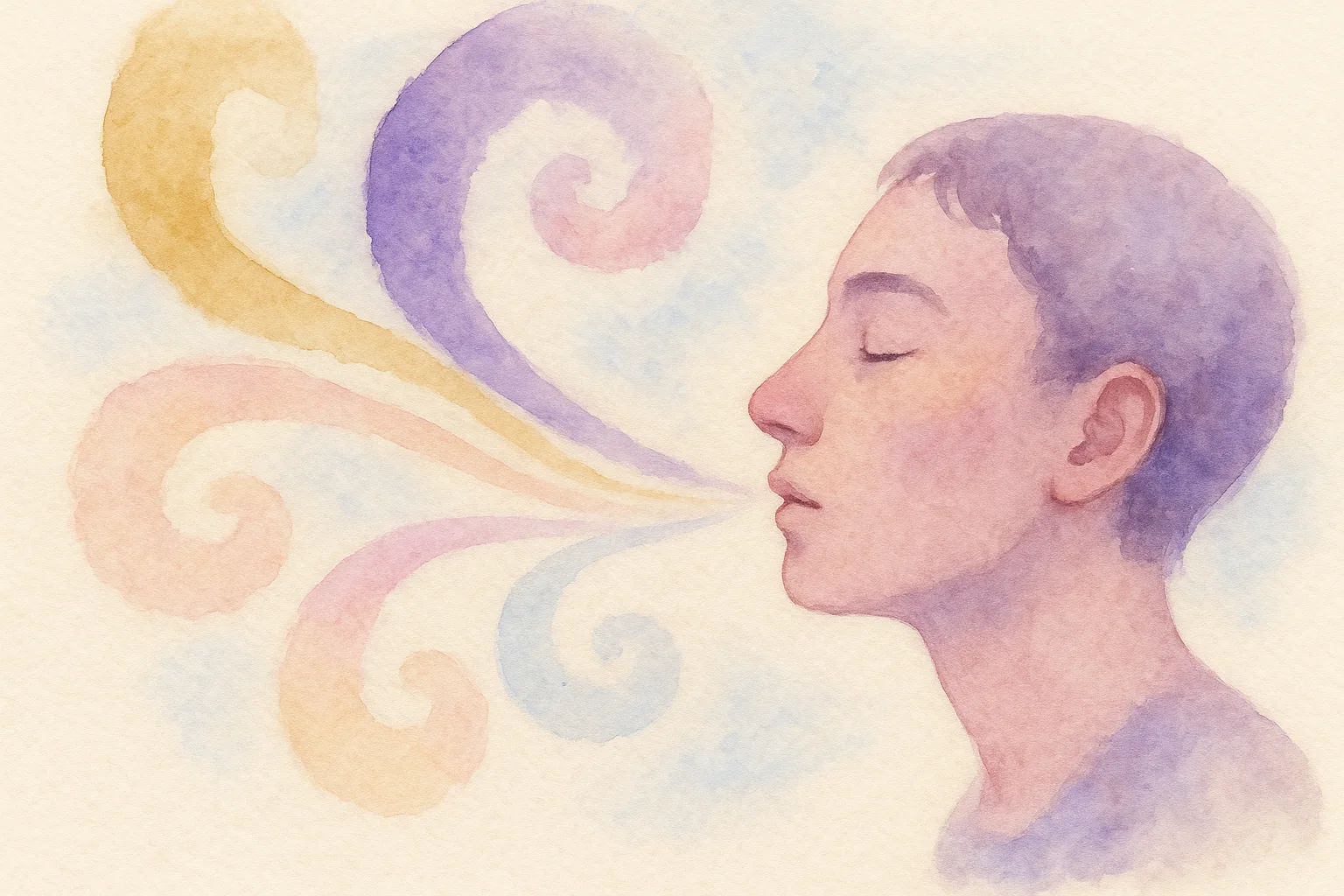 Un souffle qui dessine cinq volutes de couleurs — aquarelle